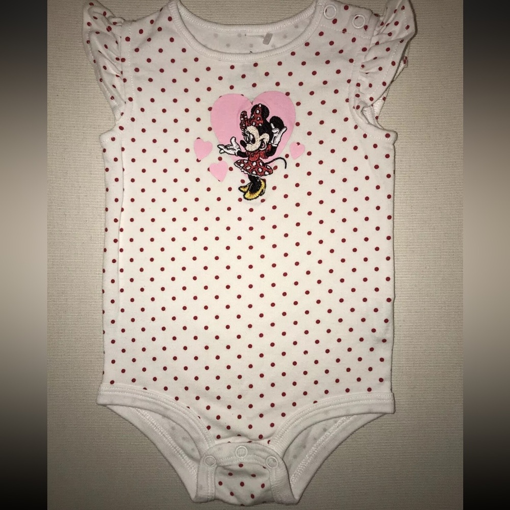 DISNEY Minnie Mouse Baby Girl Deluxe Bodysuit 12 mths Embroidered Love 💗